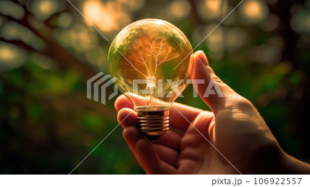 A small tree planted in an energy-saving light bulb, holding by a hand, green energy. Generative AI 106922557