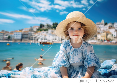 Girl tourist enjoying the sea. trip and journey concept. Generative AI Girl tourist enjoying the sea. trip and journey concept. Generative AI 106922577