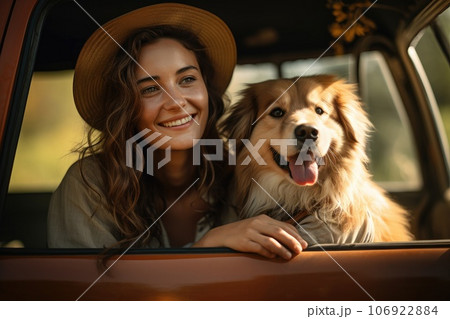Happy woman with dog travel summer by car in vacation. Generative AI 106922884