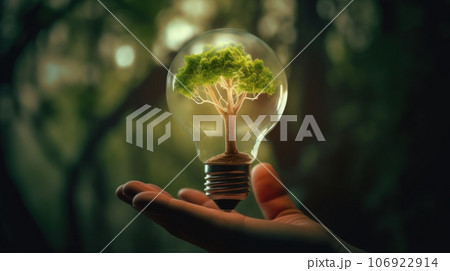 A small tree planted in an energy-saving light bulb, holding by a hand, green energy. Generative AI A small tree planted in an energy-saving light bulb, holding by a hand, green energy. Generative AI 106922914
