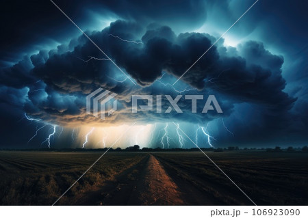 Lightning thunderstorm flash over the night sky. Generative AI 106923090