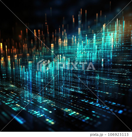 Abstract night cityscape background. Smart city, ai and digital transformation concept. Double exposure 106923113