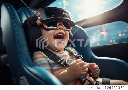 Boy wearing virtual reality headset sitting on car seat. VR goggles innovation technology. Generative AI 106923373
