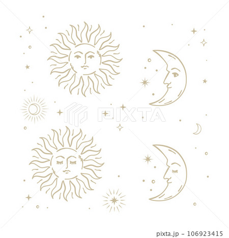 金色の顔のある太陽と三日月のイラストセット 106923415