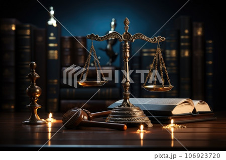 Justice and legal book on wooden table, legal services, advice, Justice concept. Generative AI 106923720