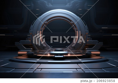 Abstract technology hud interface hologram elements neon lights, circle percent vitality innovation on hi tech future design. Generative AI Abstract technology hud interface hologram elements neon lights, circle percent vitality innovation on hi tech future design. Generative AI 106923858