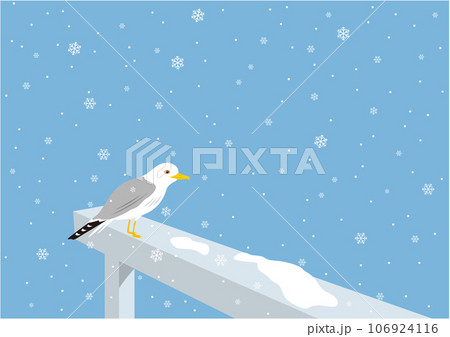 雪の結晶が降る桟橋に止まるカモメのイラスト 106924116