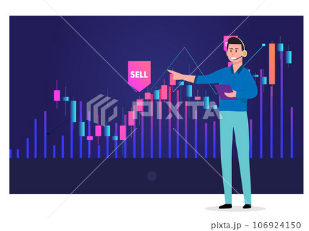 Technical analysis trader to analyze stock market or crypto currency data movement, trend analysis to take profit, buy and sell indicator chart concept, businessman trader magnify candlestick chart. 106924150