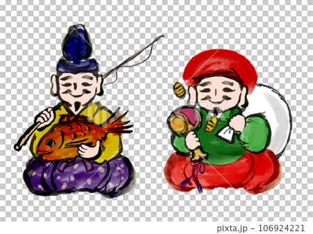 七福神の恵比寿天と大黒天の手描き和風イラスト 七福神の恵比寿天と大黒天の手描き和風イラスト 106924221