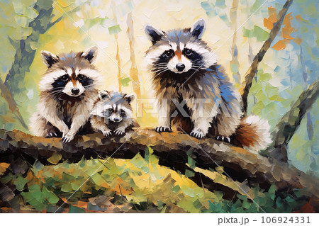 Beautiful painting of a family of raccoons resting in the trees in the forest. Wildlife Animals. Illustration, Generative AI. 106924331