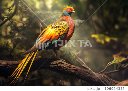 Image of beautiful golden pheasant in the forest. Wildlife Animals. Illustration, Generative AI. 106924333