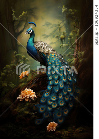 Image of a peacock with a long tail is very beautiful. Bird. Wildlife Animals., Generative AI, Illustration. 106924334