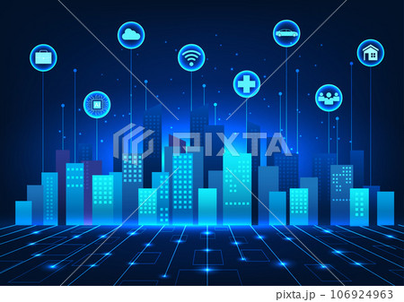 Smart city technology On top of the city there are interconnected icons. It represents a smart city that provides convenience to people. Both communication and medical systems 106924963