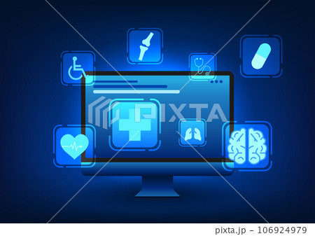 Medical technology Computer with medical icons It shows that patients can contact to consult about their symptoms through the communication system instead of coming to the hospital Medical technology Computer with medical icons It shows that patients can contact to consult about their symptoms through the communication system instead of coming to the hospital 106924979