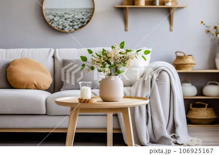 Scandinavian living room interior with design grey sofa, wooden coffee table, plants, shelf, spring flowers in vase, decoration and elegant personal accessories at home decor. 106925167