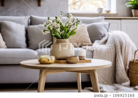 Scandinavian living room interior with design grey sofa, wooden coffee table, plants, shelf, spring flowers in vase, decoration and elegant personal accessories at home decor. 106925168