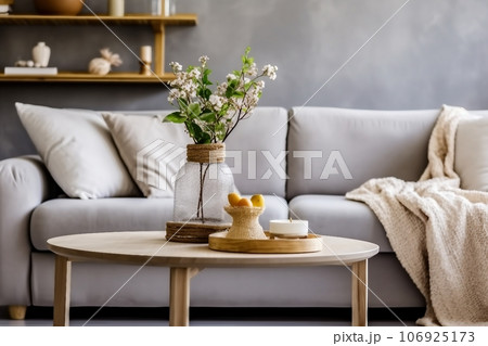Scandinavian living room interior with design grey sofa, wooden coffee table, plants, shelf, spring flowers in vase, decoration and elegant personal accessories at home decor. 106925173