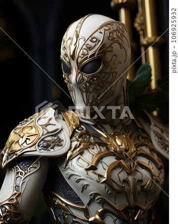 Superhero man in white mask with golden patterns in the form of web. AI 106925932