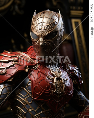 Superhero man in gold mask with golden patterns in the form of web. AI Superhero man in gold mask with golden patterns in the form of web. AI 106925933