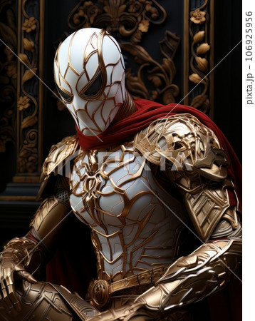 Superhero man in white mask with golden patterns in the form of web. AI 106925956