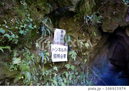 志合谷のトンネル上流側出入り口まだ緑残るの初秋10月の黒部峡谷水平歩道の風景 106925974