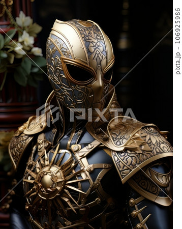 Superhero man in black mask with golden patterns in the form of web. AI 106925986