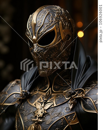 Superhero man in black mask with golden patterns in the form of web. AI 106926001