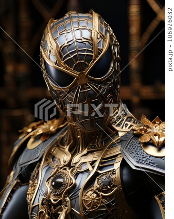 Superhero man in black mask with golden patterns in the form of web. AI 106926032