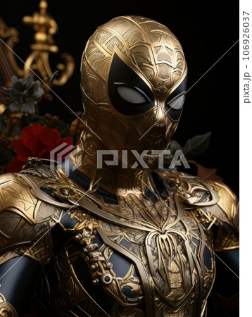 Superhero man in gold mask with golden patterns in the form of web. AI Superhero man in gold mask with golden patterns in the form of web. AI 106926037