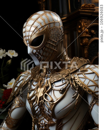 Superhero man in white mask with golden patterns in the form of web. AI 106926083