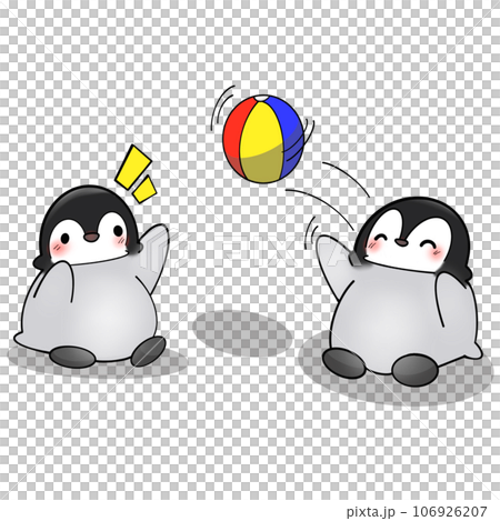 Penguins playing ball on the beach  106926207