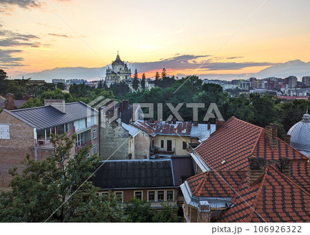 July 2023. Ukraine. Lviv. An incredibly beautiful panorama at sunset. Romantic Lviv from a bird's eye view. Lviv is the cultural capital of Ukraine and a favorite destination for tourists from all July 2023. Ukraine. Lviv. An incredibly beautiful panorama at sunset. Romantic Lviv from a bird's eye view. Lviv is the cultural capital of Ukraine and a favorite destination for tourists from all 106926322