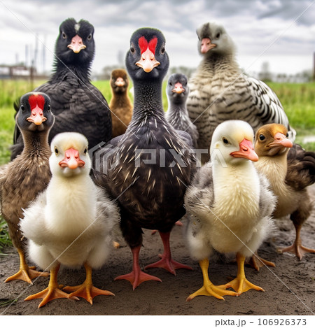Group of ducks and geese in a poultry yard. Selective focus 106926373