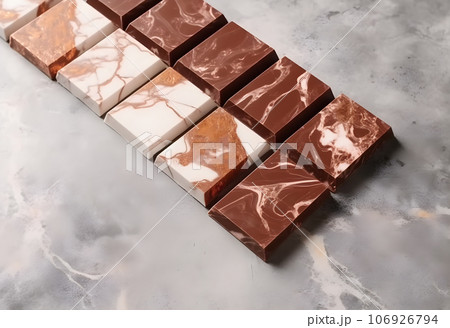 Set of different chocolate barsle background, top view. Space for text 106926794