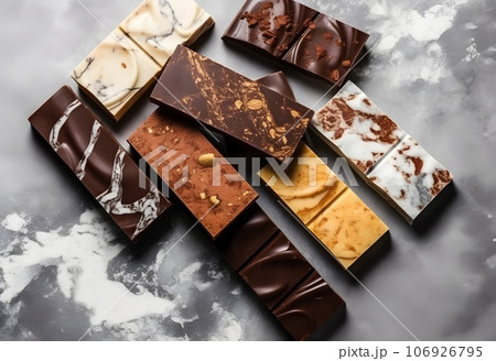 Assortment of delicious chocolate bars on grey background, top view. Assortment of delicious chocolate bars on grey background, top view. 106926795