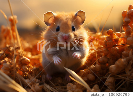 Hamster in a wheat field at sunset. Animal in the nature Hamster in a wheat field at sunset. Animal in the nature 106926799