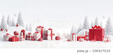 Christmas present packing with festive gifts and tools border on white backdrop. New Year's decor, copy space. Christmas present packing with festive gifts and tools border on white backdrop. New Year's decor, copy space. 106927010