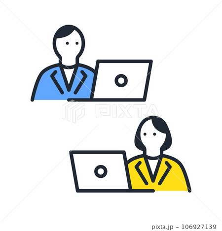 ノートパソコンを操作する若い会社員のシンプルなベクターアイコンイラストセット素材 106927139