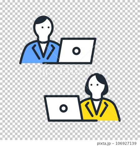 ノートパソコンを操作する若い会社員のシンプルなベクターアイコンイラストセット素材 106927139