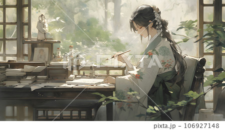 机に向かって文章を書く女性 木造家屋にて(AI生成画像) 机に向かって文章を書く女性 木造家屋にて(AI生成画像) 106927148