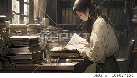 机に向かって調べ物をする女性 木造家屋にて(AI生成画像) 机に向かって調べ物をする女性 木造家屋にて(AI生成画像) 106927150