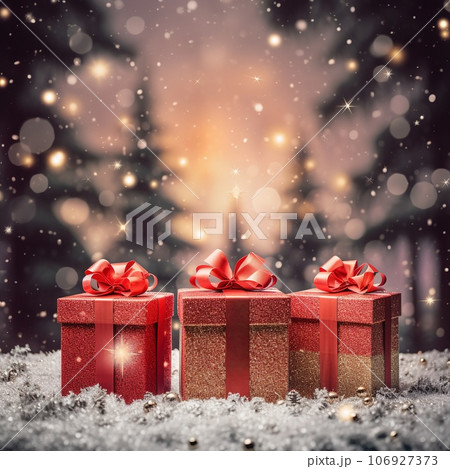 Groups of Christmas presents and balls against the backdrop of a festive Christmas tree with colored festive lights. 106927373