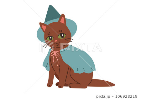 Halloween cat. Brown kitten in blue witch costume. Happy halloween costume illustration. 106928219
