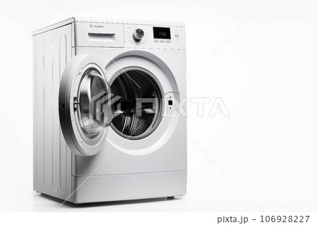 White Front Load Washing Machine Isolated on White Background. Modern Washer with Electronic Control Panel. Side View of Household and Domestic Major Appliance. Home Innovation. White Front Load Washing Machine Isolated on White Background. Modern Washer with Electronic Control Panel. Side View of Household and Domestic Major Appliance. Home Innovation. 106928227