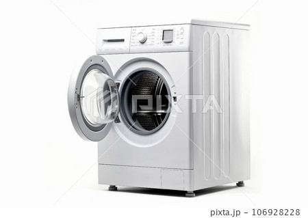 White Front Load Washing Machine Isolated on White Background. Modern Washer with Electronic Control Panel. Side View of Household and Domestic Major Appliance. Home Innovation. White Front Load Washing Machine Isolated on White Background. Modern Washer with Electronic Control Panel. Side View of Household and Domestic Major Appliance. Home Innovation. 106928228