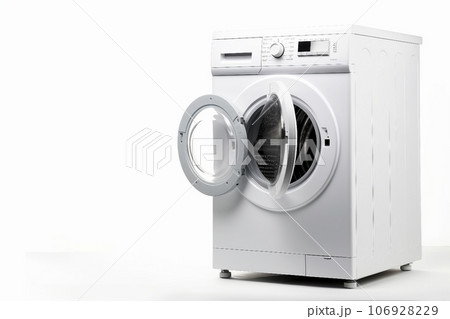White Front Load Washing Machine Isolated on White Background. Modern Washer with Electronic Control Panel. Side View of Household and Domestic Major Appliance. Home Innovation. White Front Load Washing Machine Isolated on White Background. Modern Washer with Electronic Control Panel. Side View of Household and Domestic Major Appliance. Home Innovation. 106928229