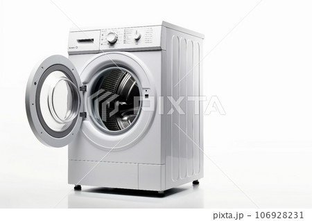 White Front Load Washing Machine Isolated on White Background. Modern Washer with Electronic Control Panel. Side View of Household and Domestic Major Appliance. Home Innovation. 106928231
