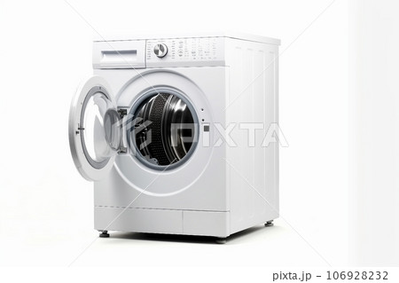 White Front Load Washing Machine Isolated on White Background. Modern Washer with Electronic Control Panel. Side View of Household and Domestic Major Appliance. Home Innovation. White Front Load Washing Machine Isolated on White Background. Modern Washer with Electronic Control Panel. Side View of Household and Domestic Major Appliance. Home Innovation. 106928232
