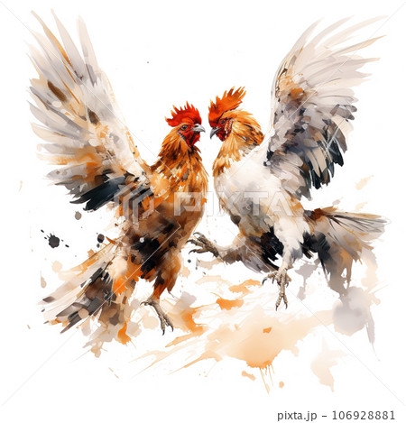 Watercolor painting of two bantams are hitting each other on white background. Wildlife Animals. Illustration, Generative AI. 106928881