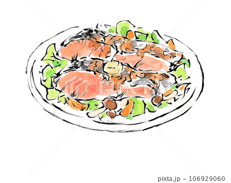 お皿に盛りつけられた鮭のちゃんちゃん焼き 106929060